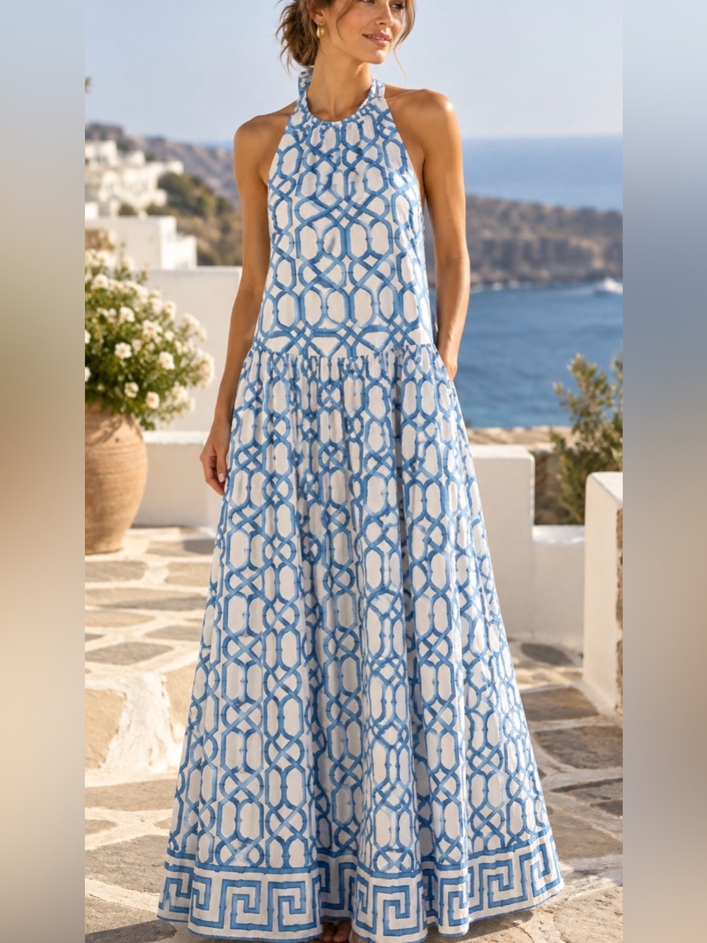 Sue Sartor Ciel Blue Bamboo Halter Maxi Dress S New Orleans Resort